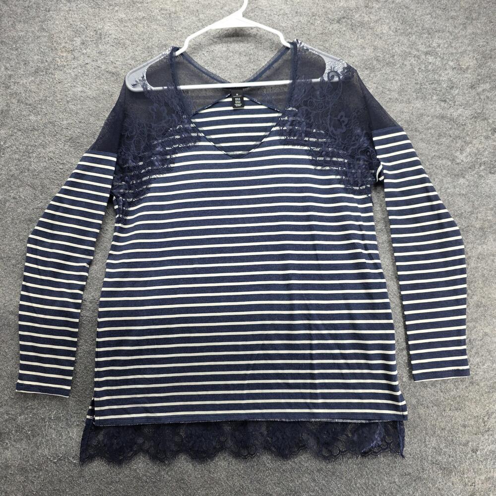 White House Black Market Tunic T-Shirt Womens M Blue V-Neck Long Sleeve Lace